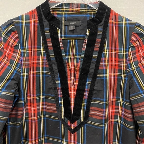 J. Crew Velvet-Trimmed V-Neck Tunic In Black Stewart Tartan Size XS Holiday - Picture 8 of 13